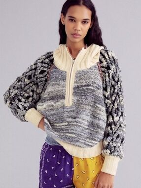 Urban Outfitters Cream and Gray Mixed-Knit Half-Zip Sweater